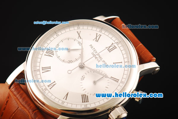 Patek Philippe Complicated Chronograph Swiss Valjoux 7750 Manual Winding Movement Steel Case with White Dial and Leather Strap - Click Image to Close